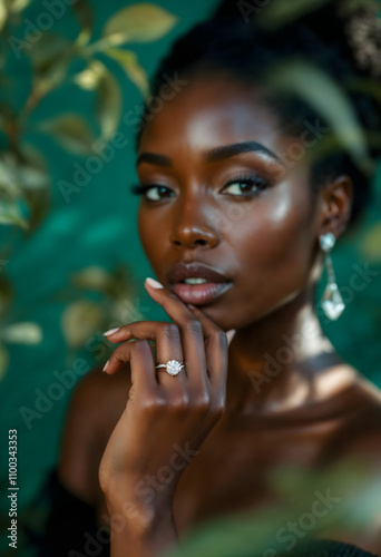 African beauty model wearing a radiant solitaire diamond ring - creative aesthetic photo v3