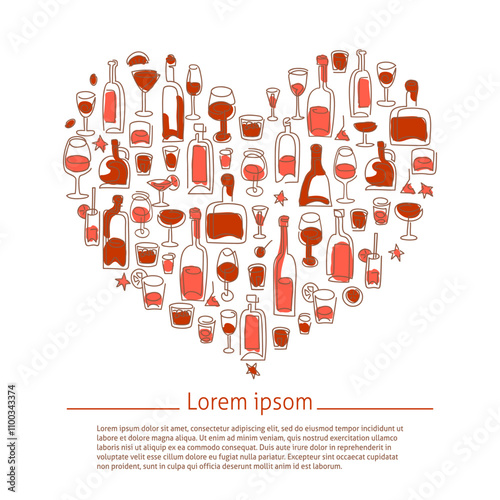 Wine, bottle, glass and drinks shaped in heart vector illustration. Drinks and wine vector template for wine lovers