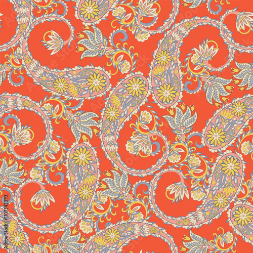 Gorgeous paisley seamless vector pattern with fantastic flowers and leaves. Bohemian textile print inspired by batik. Vintage style