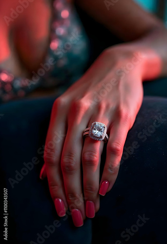 Graceful hand adorned with a halo diamond engagement ring - aesthetic photo