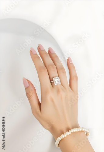 Square-cut diamond ring showcased on a hand with a soft blush manicure - aesthetic photo v1