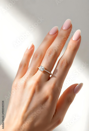 Square-cut diamond ring showcased on a hand with a soft blush manicure - aesthetic photo v2