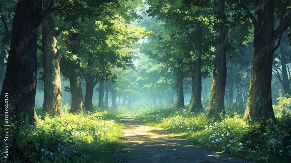 Obraz premium Sunlit Path Through A Lush Green Forest