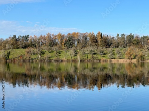 Late autumn atmosphere on the Swiss Katzenseen lakes or Katzensee lakes (Katzen lakes), Regensdorf - Canton of Zurich (Zürich or Zuerich), Switzerland (Schweiz) photo