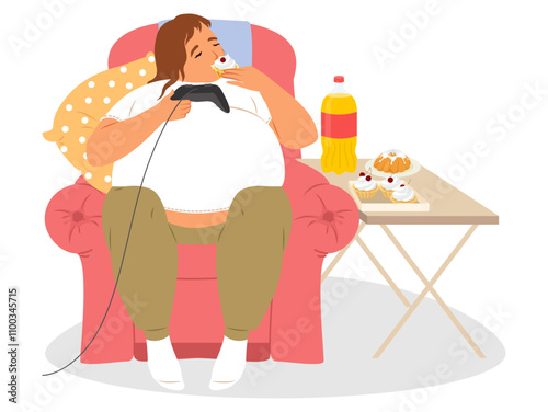 Fat teenager guy character eating calorie cupcakes sweets drinking unhealthy beverage playing computer games while sitting in armchair at home vector illustration. Junk food overeating concept