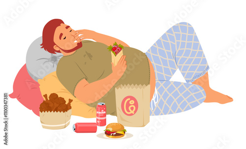 Lazy overweight man character eating junk fast food lying on pillows vector illustration isolated on white background. Unhealthy nutrition and dieting disorder concept