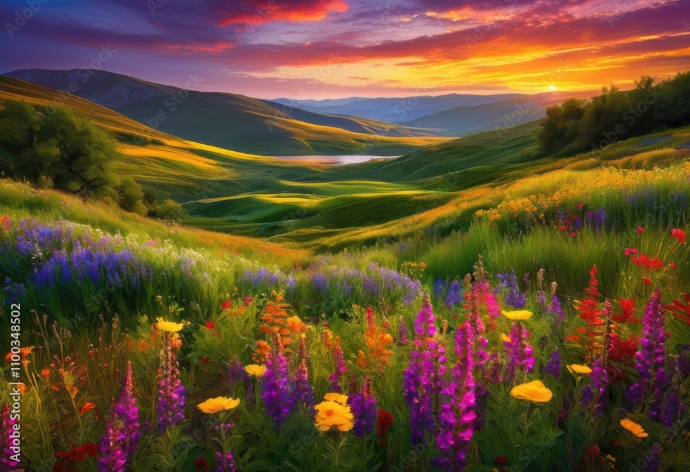 Obraz premium vibrant natural colors captivating landscape textures stunning scenic view flourishing flora, nature, hills, valleys, scenery, forest, mountains, river