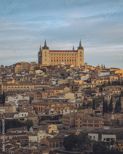 View of beautiful medieval skyline with historic stone buildings and rooftops, Toledo historic Centre, Spain.