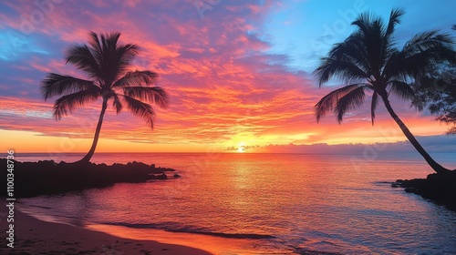 Vibrant Sunset Over Tropical Beach Palms