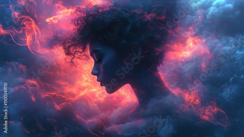 Silhouette of a person surrounded by abstract flowing shapes in vibrant colors and ethereal clouds