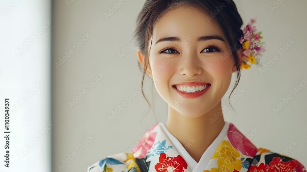 Fototapeta premium Japanese woman on white background smiling