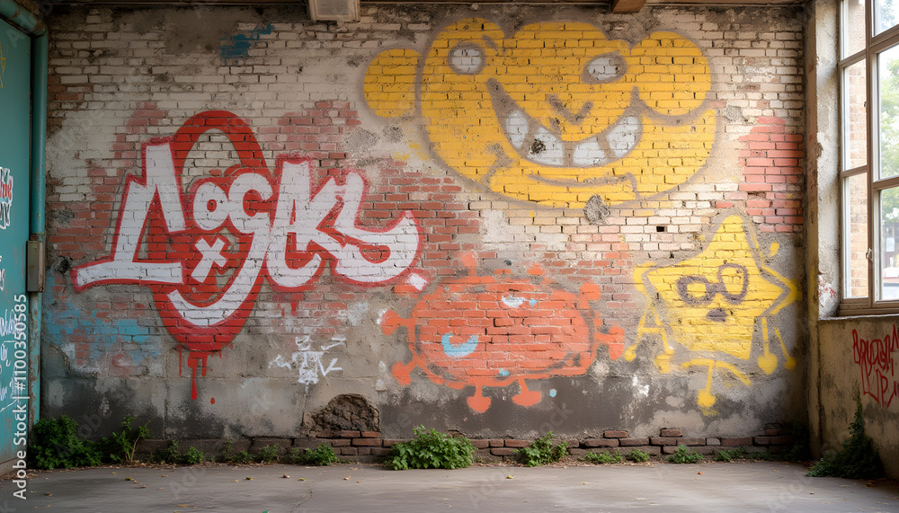 Naklejka premium Urban graffiti wall with vibrant colors and textures, showcasing street art and urban decay