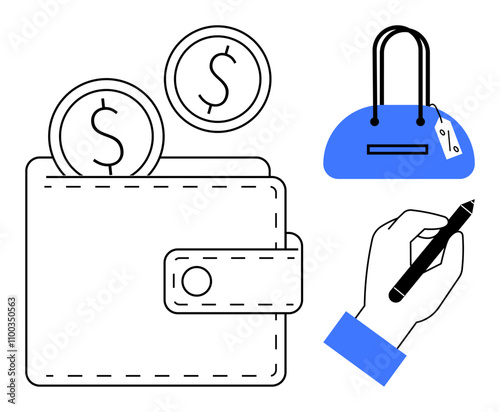 Wallet with coins inside, blue handbag with price tag, and hand writing with pen. Ideal for financial management, budgeting, shopping, saving money, expenses tracking e-commerce retail. Line