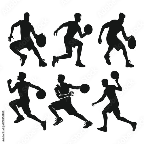 basketball players silhouettes, Silhouette of a basketball player playing jumping set vector art with a ball on white backround.