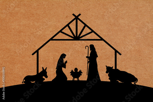 Christmas Nativity scene illustration. Characters silhouettes on paper cardboard texture background.