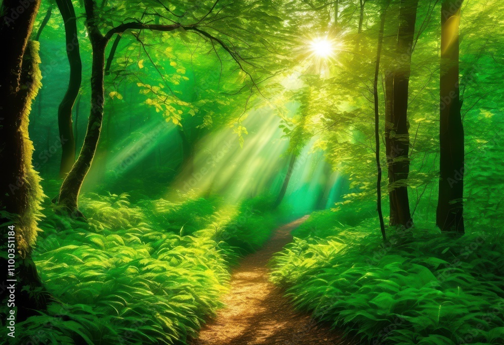 Obraz premium vibrant green forests sunlight streaming through lush leaves creating magical inviting atmosphere, trees, nature, greenery, landscape, foliage, bright