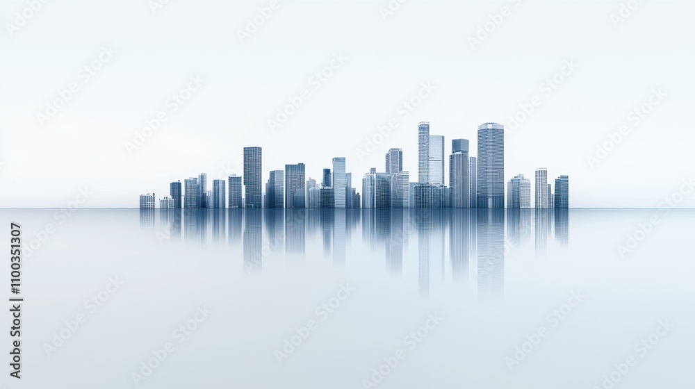 Fototapeta premium A serene cityscape featuring reflective skyscrapers on a smooth surface, creating a minimalist and tranquil atmosphere.