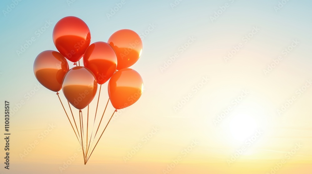 Fototapeta premium A cluster of red balloons floats against a serene sunset, creating a vibrant and uplifting atmosphere.