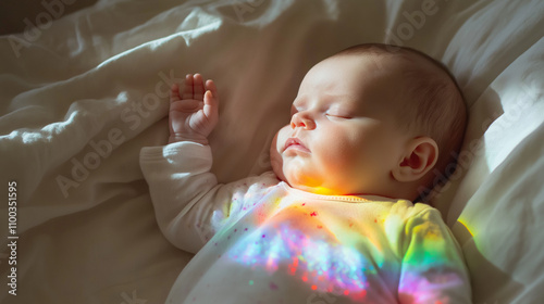 Obraz na płótnie Sleeping baby bathed in soft rainbow light on a cozy bed, serene and magical atmosphere w salonie