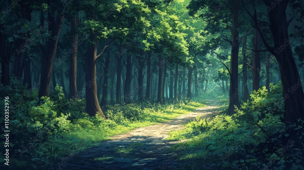 Obraz premium Sunlit Path Through A Lush Green Forest
