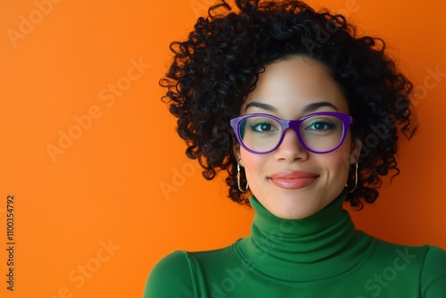 A woman with curly hair is wearing purple glasses and smiling photo