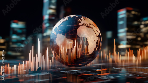 3D digital global business network sphere with a world map overlay and binary code, symbolizing international connectivity and technological advancement.