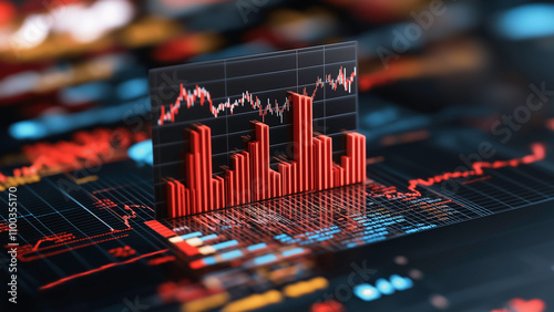 Electronic circuit board with processor and chart showing financial growth and market data, technological advancement and financial growth.