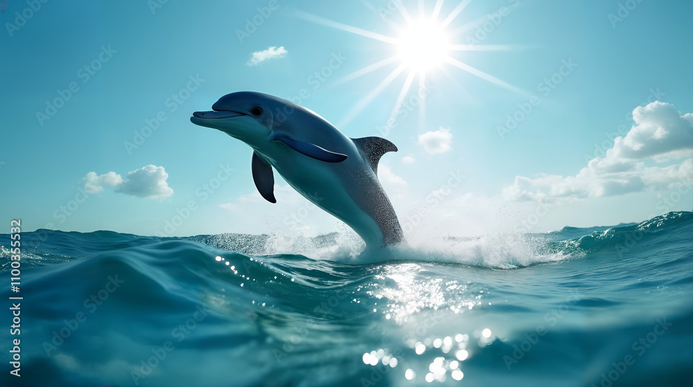 Fototapeta premium A Captivating Photo Realistic Depiction of a Dolphin Leaping Joyfully from the Ocean Under a Brilliant Sunlit Sky