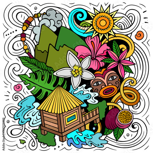 Tahiti hand drawn cartoon doodle illustration. Creative funny vector background with French Polynesia elements and objects