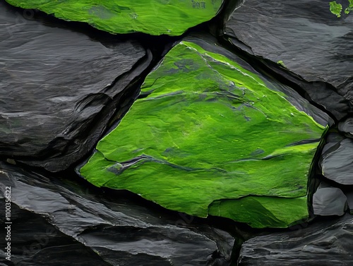 A close up of a green moss covered rock wall photo