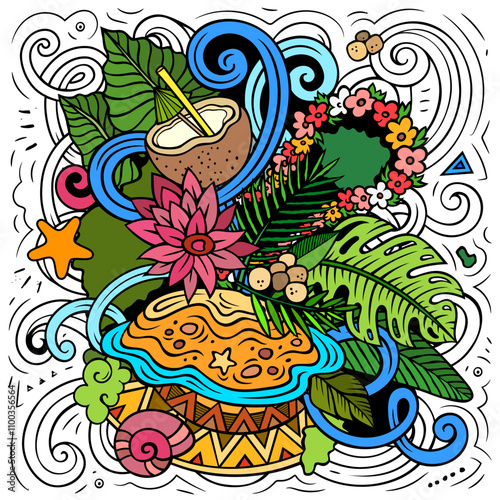 Tahiti hand drawn cartoon doodle illustration. Creative funny vector background with French Polynesia elements and objects