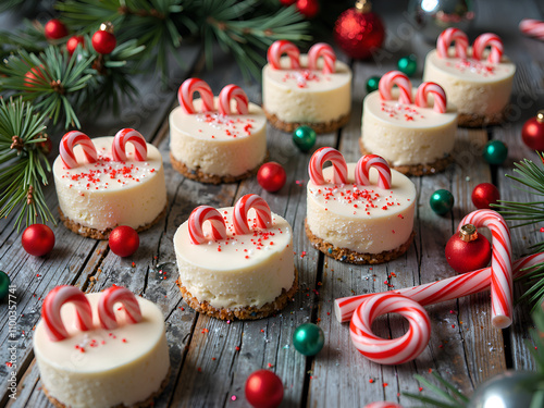 Delicious holiday themed mini cheesecakes with candy canes and colorful decorations, photography of food styling concept. photo