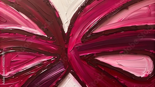 Btterfly. A vibrant abstract painting featuring large, bold brushstrokes in shades of red, maroon, and pink on a white background, creating a dynamic and textured composition. photo