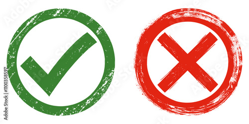 Symbolic green circle with check mark for approval and red cross for disapproval concepts. Hand drawn grunge icons isolated on transparent background