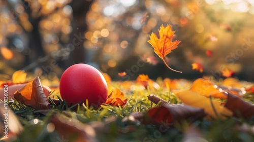 Vibrant easter egg hidden in lush grass under a tree with gentle breeze rustling leaves photo