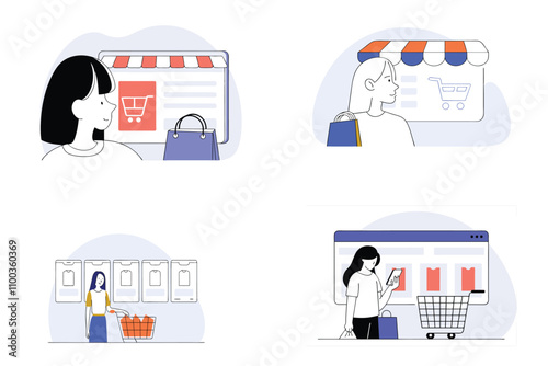 Online shopping idea for web store, social media, print media, background editable vector file