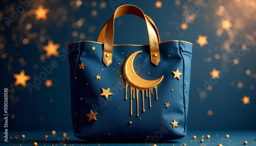 Dreamy bag design with dripping gold stars and moons on a deep blue background