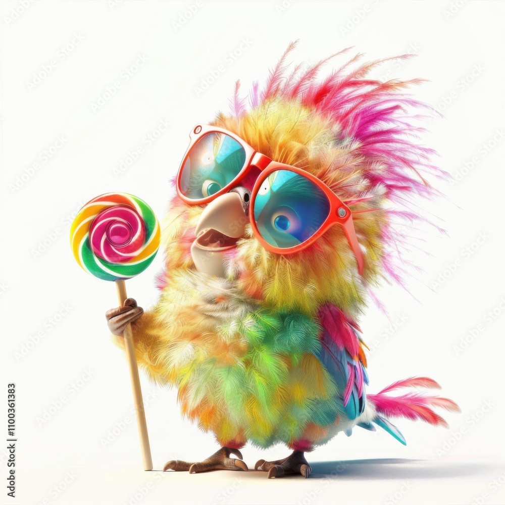 Fototapeta premium A playful parrot with colorful hair enjoys a lollipop on a sunny day wearing funky sunglasses