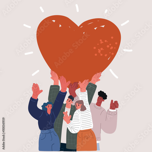 Cartoon vector illustration of a group of people holding a large heart together as a symbol of love and unity