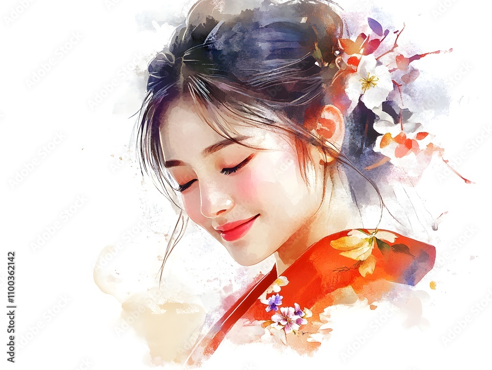 Fototapeta premium Japanese geisha on white background