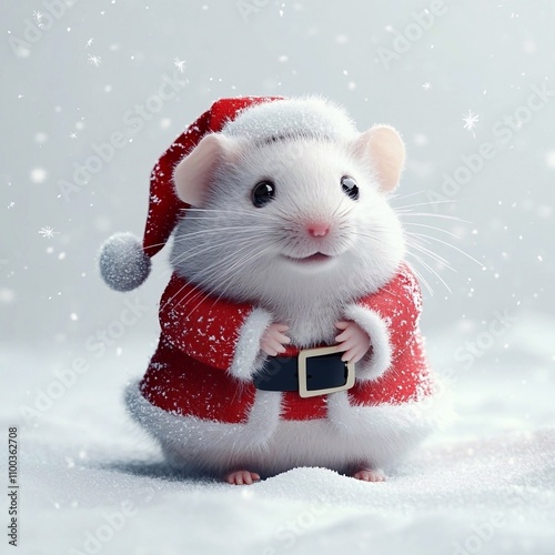 white hamster 3D in a Santa Claus costume, full length, looking at the camera, on a white background, sitting in the snow, empty space for text, Picture for postcard and poster