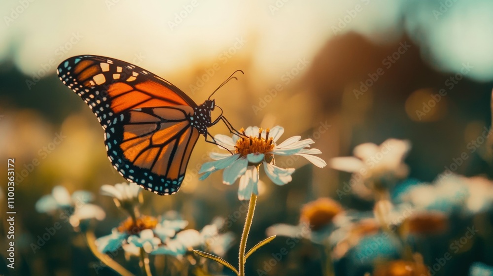 Obraz premium A butterfly perched on a flower, sharp focus with a softly blurred meadow in the background,