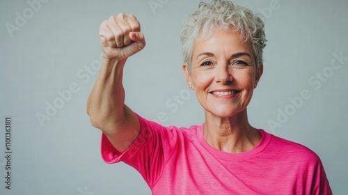 Elderly woman in athletic wear, raising her arm triumphantly while smiling, bright studio lighting emphasizing her active and joyful expression,