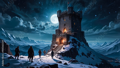 arriving at a magician’s tower on the top of a snowed mountain. It is night and there are a lot of stars, full light moon in the sky. travelling in a fantasy world