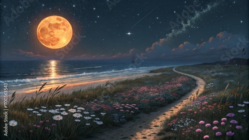 Majestic orange moon lights up a meadow of wildflowers by the sea at night, with a distant sailboat and a shooting star in the sky photo