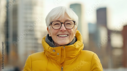 Elderly woman with short white hair, wearing glasses and a yellow jacket, smiling under soft daylight with a blurred modern cityscape background,