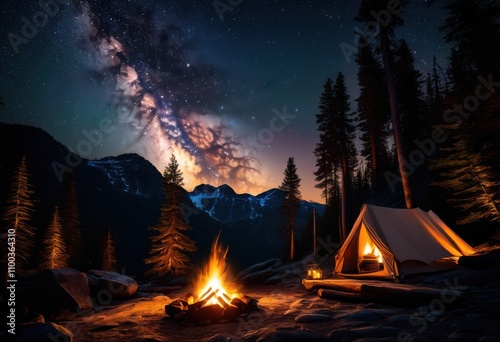 majestic mountain campsite surrounded tall pine trees glowing campfire creating warm inviting ambiance under starry night sky, adventure, cabin, camping photo