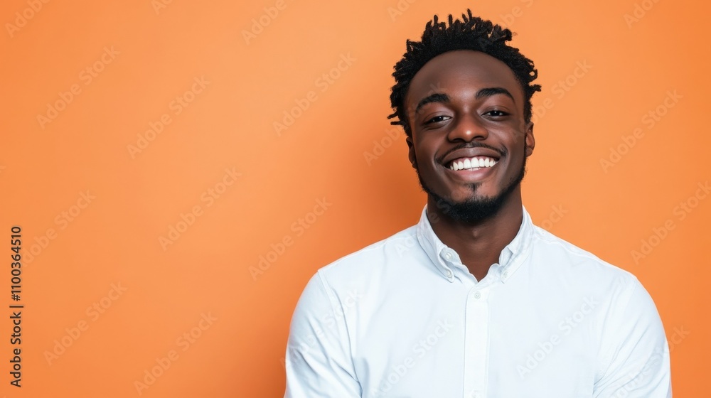 Fototapeta premium Portrait of a young professional man smiling confidently against a plain colored background, minimalist portrait,