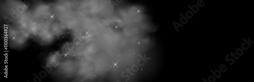 Mystery dark background with glowing particles, stardust, and glittering stars, creating a colorful, ethereal fog. Vector illustration with vibrant, multicolored steam and vapor.