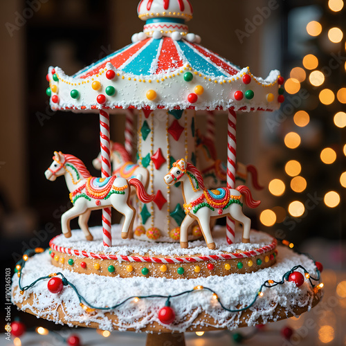 Charming gingerbread carousel with festive lights and colorful horses, photography of still life concept. photo